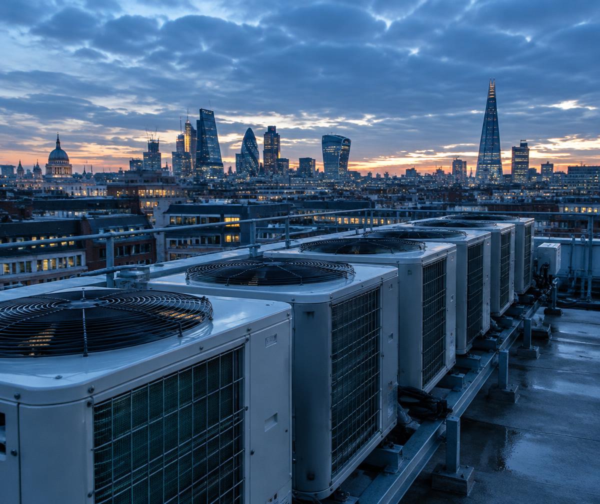 Commercial air conditioning units on a London rooftop
